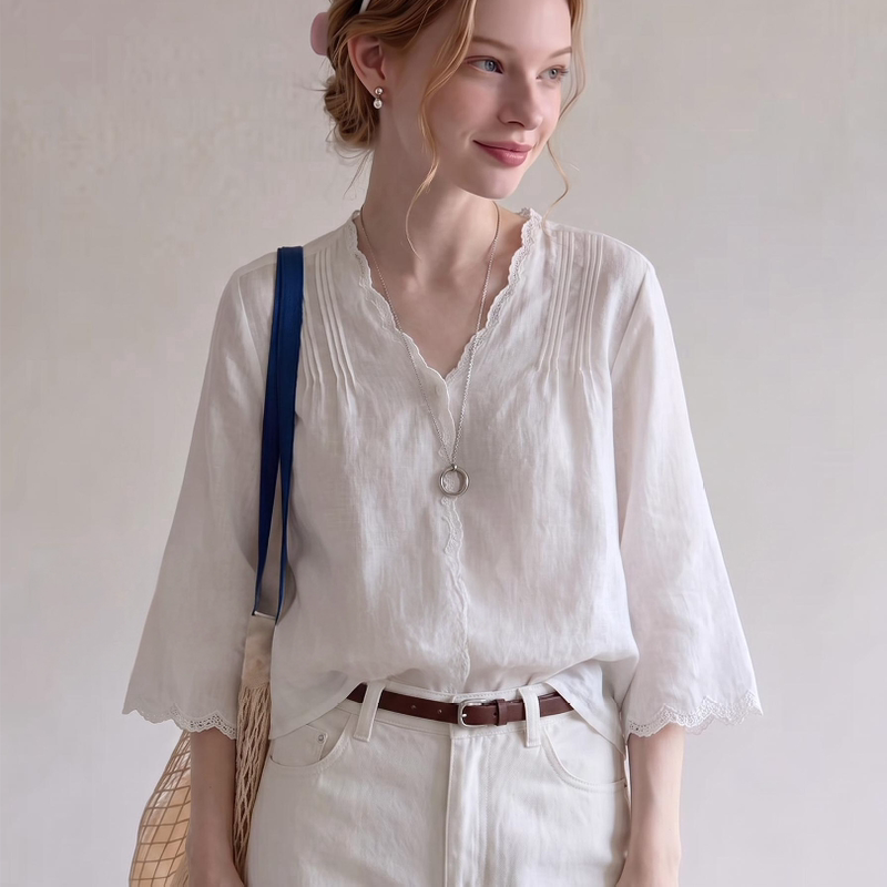 V-Neck Lace-Trimmed Shirt for Women 2026 New Casual Slim-Fit Long-Sleeved White Loose Top Summer New Style V-Neck Lace-Trimmed Shirt for Women 2026 New Casual Slim-Fit Long-Sleeved White Loose Top Summer New Style