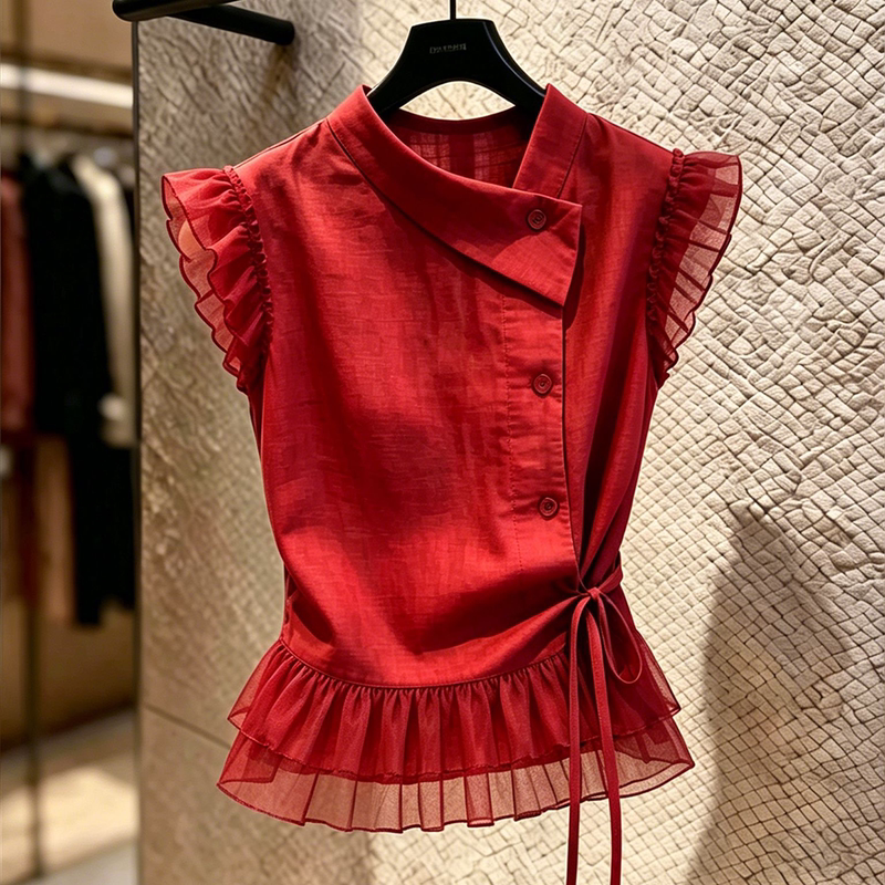 Unique, Beautiful and Super Stylish Women's 2026 Summer New French-Style Red Mesh Ruffle Slimming and Elegant Shirt Unique, Beautiful and Super Stylish Women's 2026 Summer New French-Style Red Mesh Ruffle Slimming and Elegant Shirt