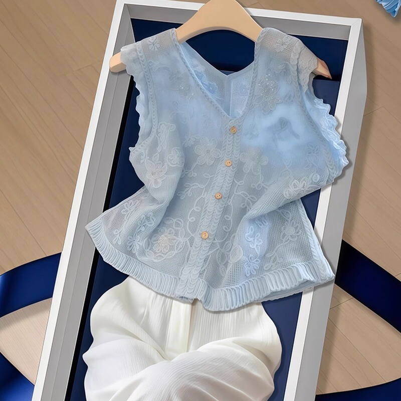 Summer Niche Design High-End Light Luxury Fashion Temperament Korean Style Retro Versatile Loose Blue Lace Top for Women Summer Niche Design High-End Light Luxury Fashion Temperament Korean Style Retro Versatile Loose Blue Lace Top for Women