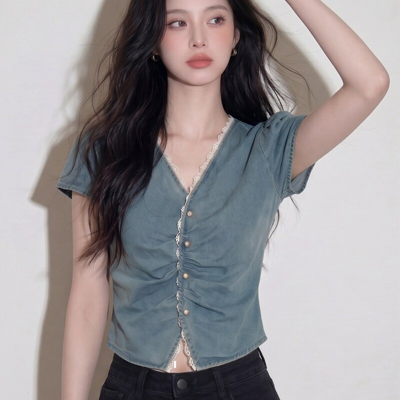 Summer New French Design Lace-Trimmed Denim Shirt for Women, Slimming and Age-Reducing, Stylish Niche Top Summer New French Design Lace-Trimmed Denim Shirt for Women, Slimming and Age-Reducing, Stylish Niche Top