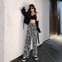 Zebra Striped Broadlegged Pants Woman High Waist Pituitary summer thinly loose Conspicuously Slim Drawing Rope Pants Casual Tug Pants Long Pants