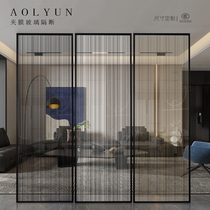 Wired tempered glass entrance screen bathroom partition double-layer laminated art glass sliding door customization