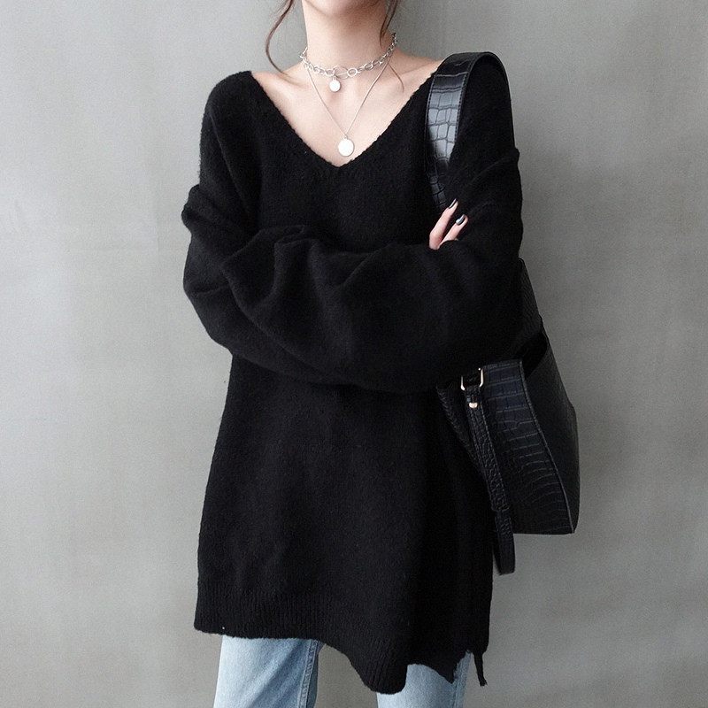 Loose and Casual Style Plus-Size Pullover V-Neck Sweater for Women, Autumn and Winter, for Chubby Girls, Mid-Length Knitwear That Covers the Belly