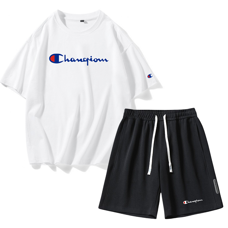 Champion Couple Casual Two-Piece Set for Men, Summer Round Neck T-Shirt, Short-Sleeved Shorts, Pure Cotton Large Size Sportswear Champion Couple Casual Two-Piece Set for Men, Summer Round Neck T-Shirt, Short-Sleeved Shorts, Pure Cotton Large Size Sportswear