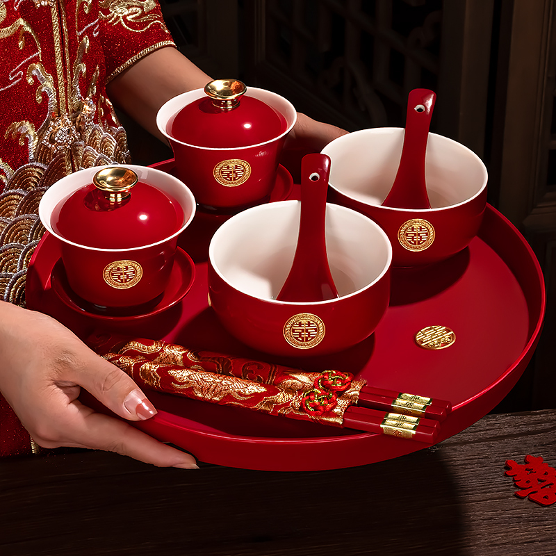 Tea Cups, Wedding Bowls, Wedding Supplies Collection, Festive Red Toast Cups, Cover Bowls, Tea Sets, Bowl and Chopstick Sets