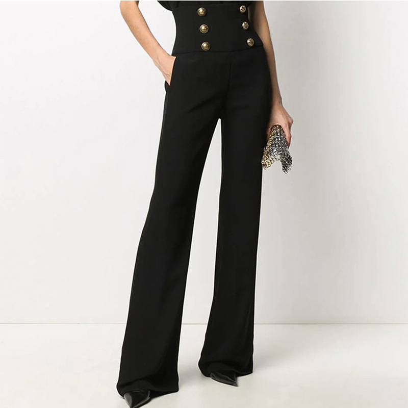 2025 Spring and Autumn Black Wide-Leg Pants, Elegant Commuter High-Waisted Flared Pants, Drapey Long Casual Pants in Stock