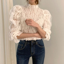 2021 winter and autumn New Foreign Air wooden ear bubble sleeves Joker temperament lace sunscreen long sleeve shirt blouse