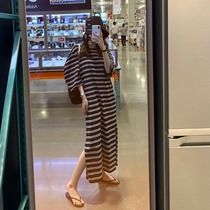 2021 winter and autumn new Korean vintage Hong Kong flavor loose thin stripes long T-shirt over the knee fairy dress