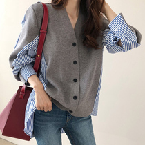 2021 winter and autumn new Korean chic striped shirt stitching knitted cardigan vintage sweater jacket women