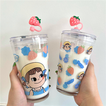ins milk Fufu blue strawberry milk cute cartoon glass straw cup Large capacity scale water cup Juice cup