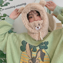 ins Wind cute girl Heart Bear plush thick warm ears mask scarf one hat winter students