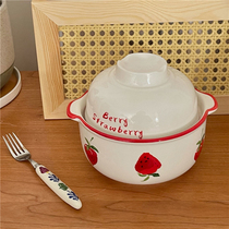 ins cute girl heart strawberry Japanese large capacity bedroom with lid ceramic instant noodle bowl soup bowl breakfast bowl home