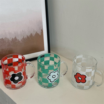 Hanfeng ins retro flower checkerboard niche glass cup milk cup juice cup breakfast Cup home