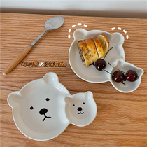 Japanese ins style simple ceramic plate small white bear children cute adult breakfast plate dividing plate household tableware