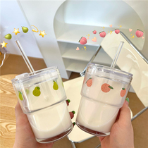 Peach pear~ins Small fresh cute fruit printing glass portable sealed straw cup Water cup Milk tea cup