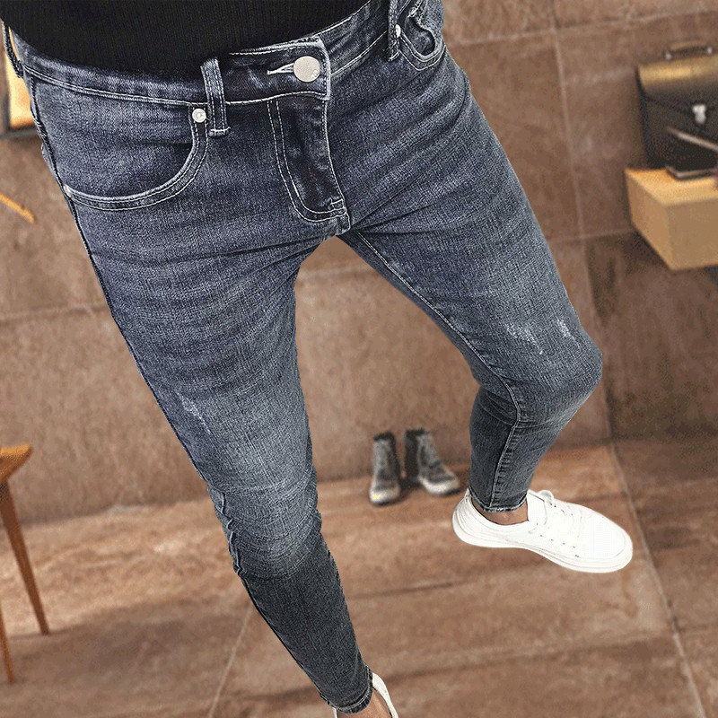 Summer New Men's Jeans Korean Style Slim Fit Skinny Pants Trendy Versatile Stretchy Stylish Young Men's Cropped Pants Trendy Men