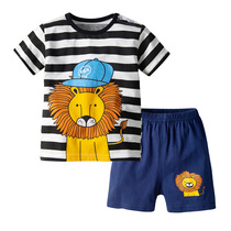 Boys summer short-sleeved suit Childrens short-sleeved cotton two-piece suit Cartoon Lion print short-sleeved T-shirt shorts