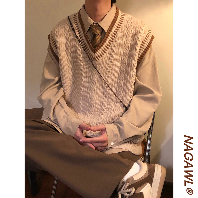 Nagawl Autumn and Winter Retro Loose Japanese College Style Cable Knit Striped Sweater Vest Unisex Trendy Nagawl Autumn and Winter Retro Loose Japanese College Style Cable Knit Striped Sweater Vest Unisex Trendy