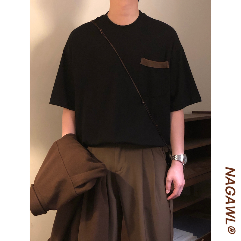 Nagawl2026 Summer American Retro Style Color-Block Pocket Short-Sleeve T-Shirt Unisex Loose Versatile Trendy Brand Top