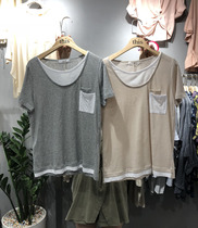 2019 summer new round neck pocket color pattern fake two-piece short sleeve t-shirt womens harbor style casual top R942