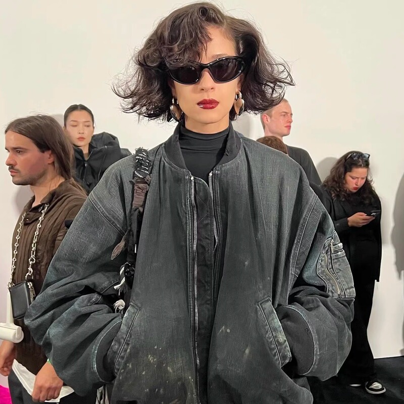 Paris Style Zhang Xiaofei Same Style Spring Show Style Distressed Paint-Splattered Denim Flight Jacket Cotton Coat