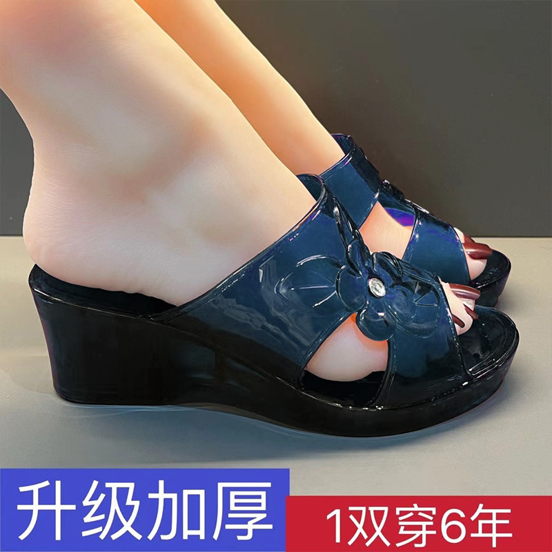 Crystal High-Heeled Slippers with Thick Soles for Women, Summer Jelly Plastic Chunky Heel Sandals, Classic Non-Slip Slip-On Slippers for Moms