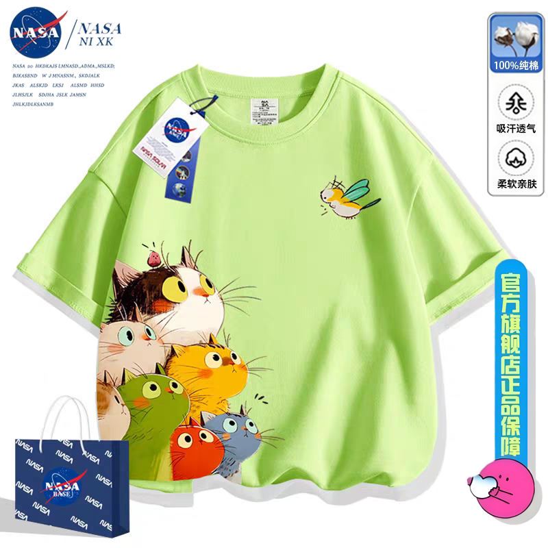 Футболка с короткими рукавами для мальчиков NASA, новинка 2026 года, летний хлопковый топ с короткими рукавами для больших мальчиков и девочек в западном стиле с котом