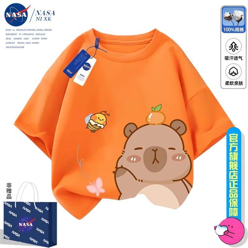 Детская хлопковая футболка с короткими рукавами Kapibala от совместного бренда NASA для мальчиков и девочек, летний топ в западном стиле с короткими рукавами и рисунком
