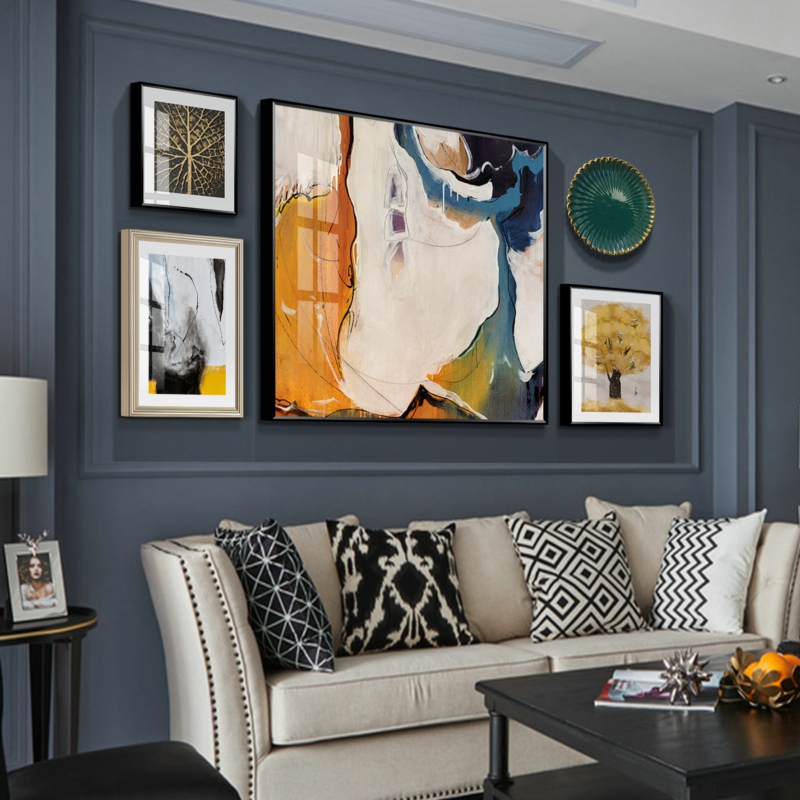 American living room decorated sofa background wall line hanging painting modern simple light luxury frescoes combination wall painting software