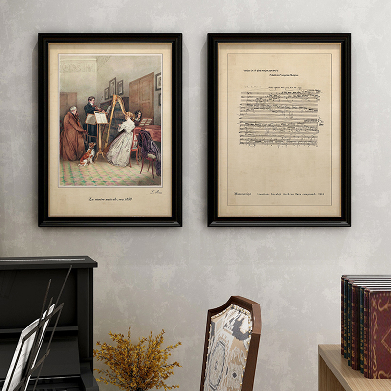 American Retro Decorative Painting Above the Piano, French Mid-Century Style Soft Decoration, Sheet Music Oil Painting, Country-Style Wall Painting
