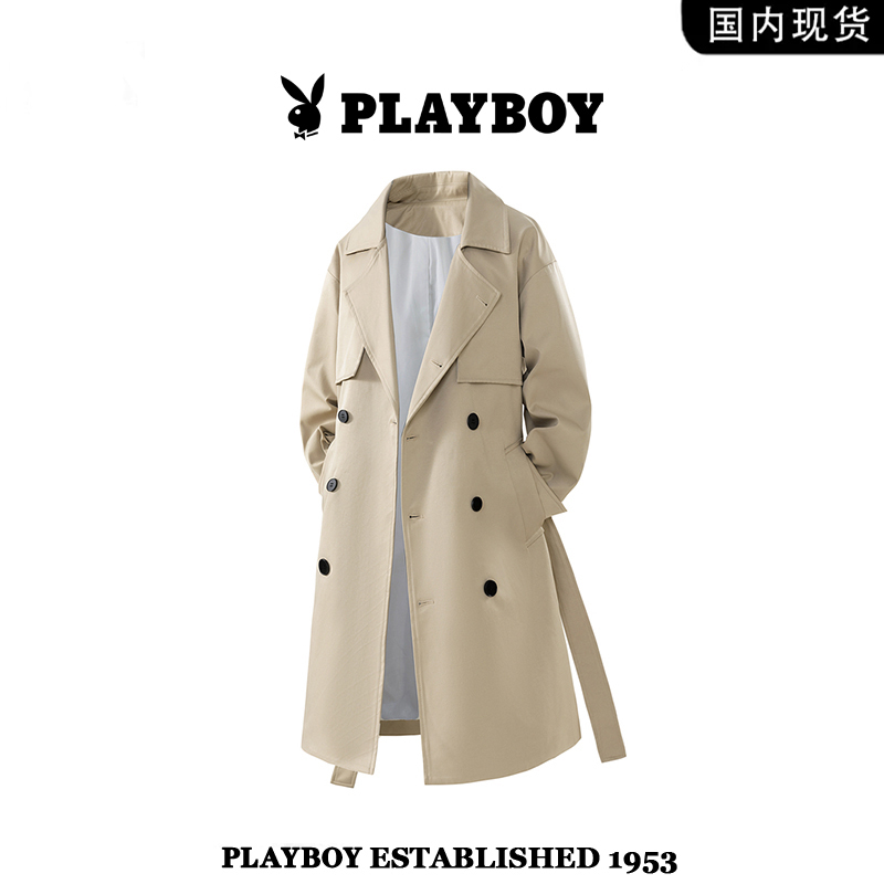 [Brand Discount] Playboy Spring and Autumn American Style Trendy Brand Mid-Length Double-Breasted Trench Coat for Young Men