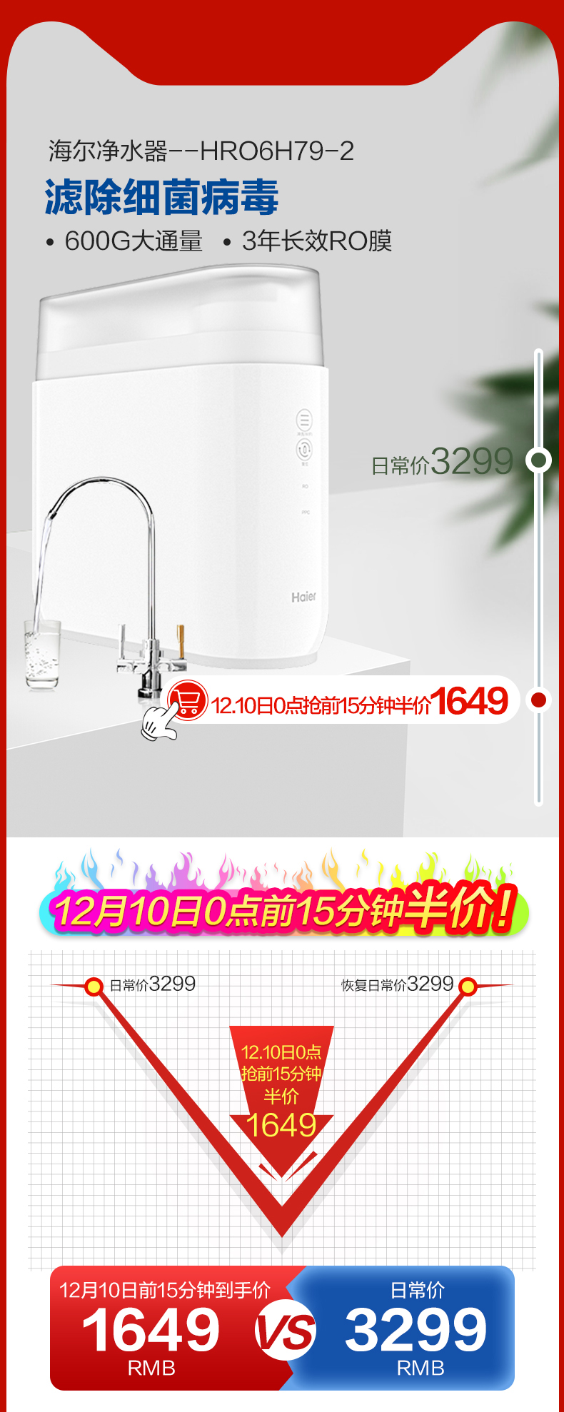 海尔 RO反渗透净水机 进口3年长效RO滤芯 图1