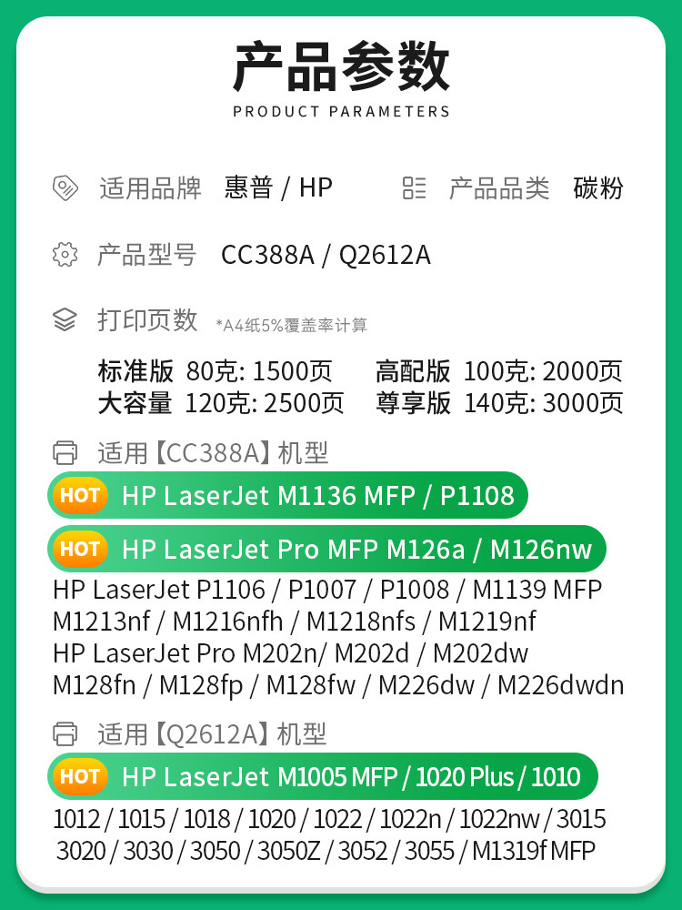 Suitable for Hp Printer Toner M1136 M1005Mfp Toner M126A P1106 1108 1007 388A Hp88A 1020Plus 1020 12A Q2612A Only Enter 911