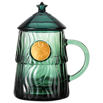 Dark green drink cup creative teacup glass with handle Christmas tree thickened glass cup with lid-Huanghe 1117