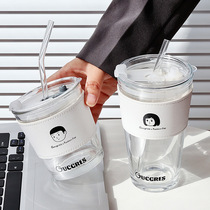 Water Cup 2024 Summer New Couple Style Glass Cup Simple Double Drink High Temperature Resistant Portable Straw Coffee Cup 1819