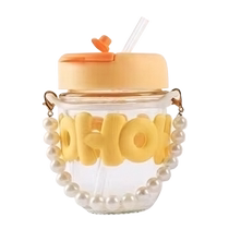 Girls straw cup pearl chain portable water cup transparent glass cup letter three-dimensional double drinking cup Huanghe 1117