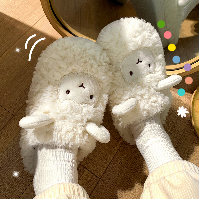 Cute Fur Slippers Women Autumn Winter 2023 New Interior Home Plus Suede Warm Students Dormitory Cotton Tug 957-Taobao