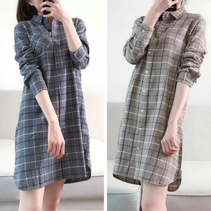 Foreign Trade Japanese Style Unprinted Artistic Flannel Brushed Cotton Plaid Long-Sleeve Mid-Length Shirt Dress for Women, Autumn and Winter