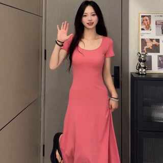 Elegant French-Style Short-Sleeved Summer 2024 New Pink Dress for Women, High-End Long Dress, Waist-Cinching, Slimming A-Line Skirt