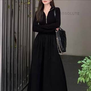 2025 New Hepburn-Style French High-End Long-Sleeved Knitted Spring and Autumn Slim-Fit Waist-Cinching Black Dress for Women