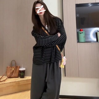 2025 Autumn New High-End Casual Lazy Style Loose Slimming Versatile Striped V-Neck Cardigan Knit Jacket