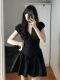 Summer New Style French Pleated Dress with Short Sleeves, Black, High-End, Waist-Cinching, Slimming, Sweet Fairy Princess Dress