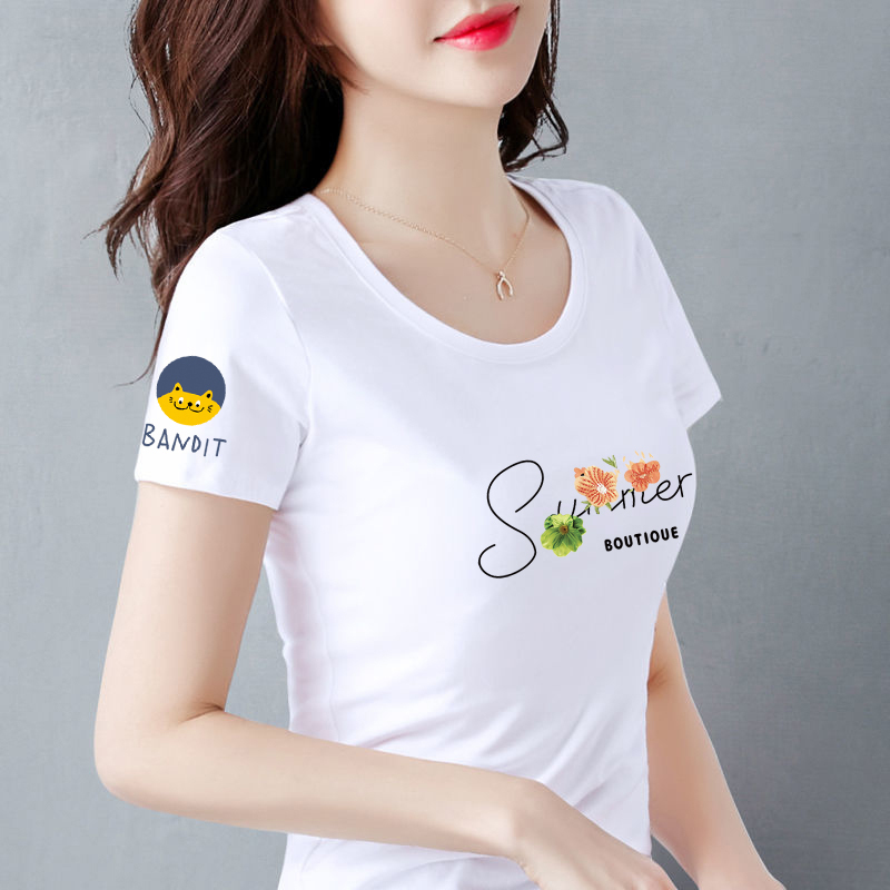 Short-Sleeved T-Shirt for Women, Slim Fit, White, Pure Cotton, Base Layer, Round Neck, Regular Shoulder, Unique Top, High-End Feel, Cartoon T-Shirt, Summer