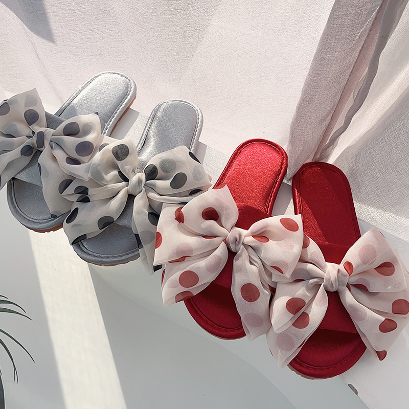 Women's Summer New Fashion Polka Dot Casual Home Non-Slip Slippers, All-Season Cute Bow Satin Soft-Soled Slippers