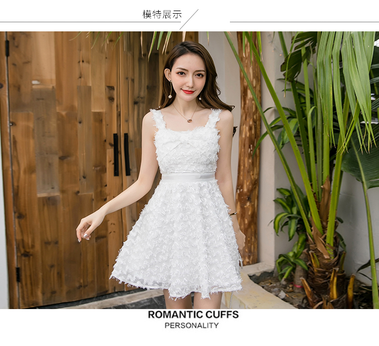 VK旗艦店 韓國風名媛立體流蘇一字領細肩帶無袖洋裝