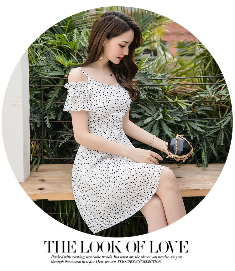 VK旗艦店 韓系顯瘦黑點印花性感細肩帶短版短袖洋裝