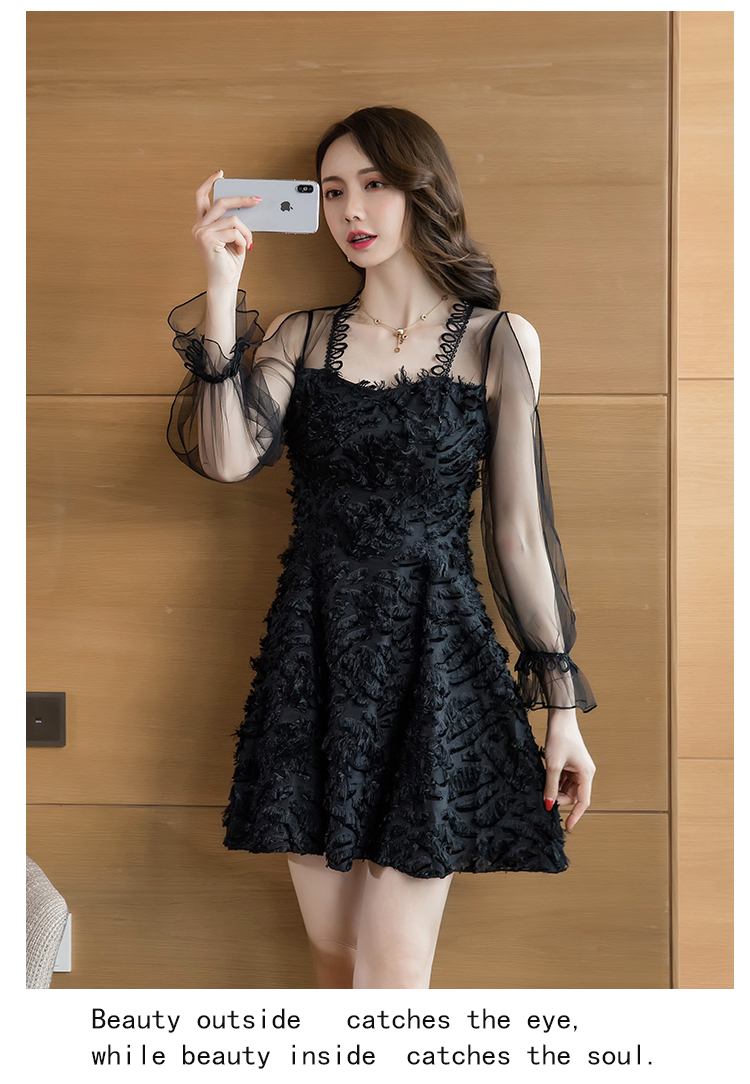 VK旗艦店 韓國風方領透視網紗亮片流蘇顯瘦長袖洋裝