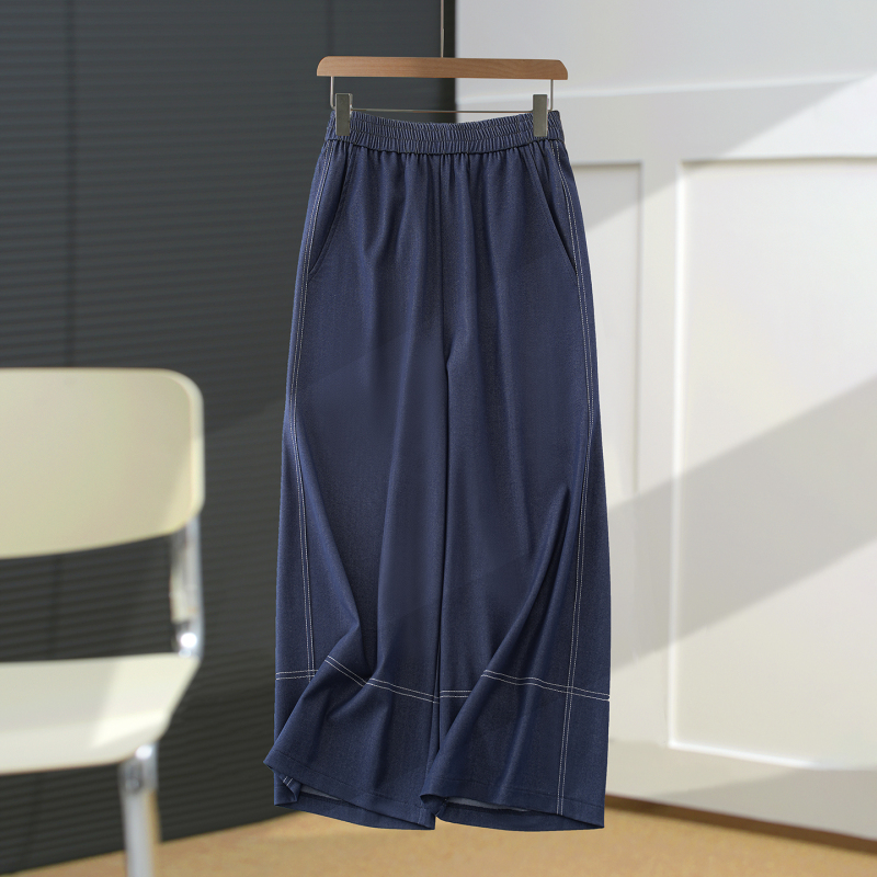 2026 New Style Drapey Retro Denim Blue Silk Soft Wide-Leg Pants for Women, Summer Thin Cropped Straight-Leg Pants