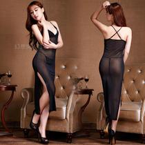 Sexy lingerie womens pajamas uniforms extremely tempting milk mesh cheongsam black transparent slit long skirt
