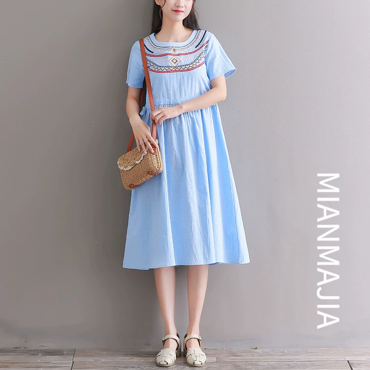 Đầm bầu mùa hè đầm bầu eo cao có thể điều chỉnh độ dài ngắn tay giữa thêu kích thước lớn cotton rời và váy lanh váy dài - Váy eo cao